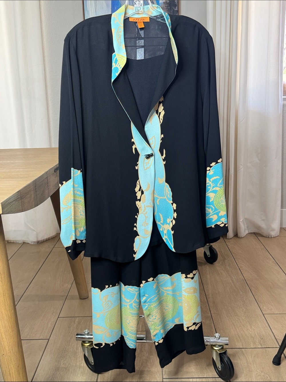 Harari Women's 2pc 100% Silk Floral Pants & Jacket Set V-Neck Long Sleeve XL